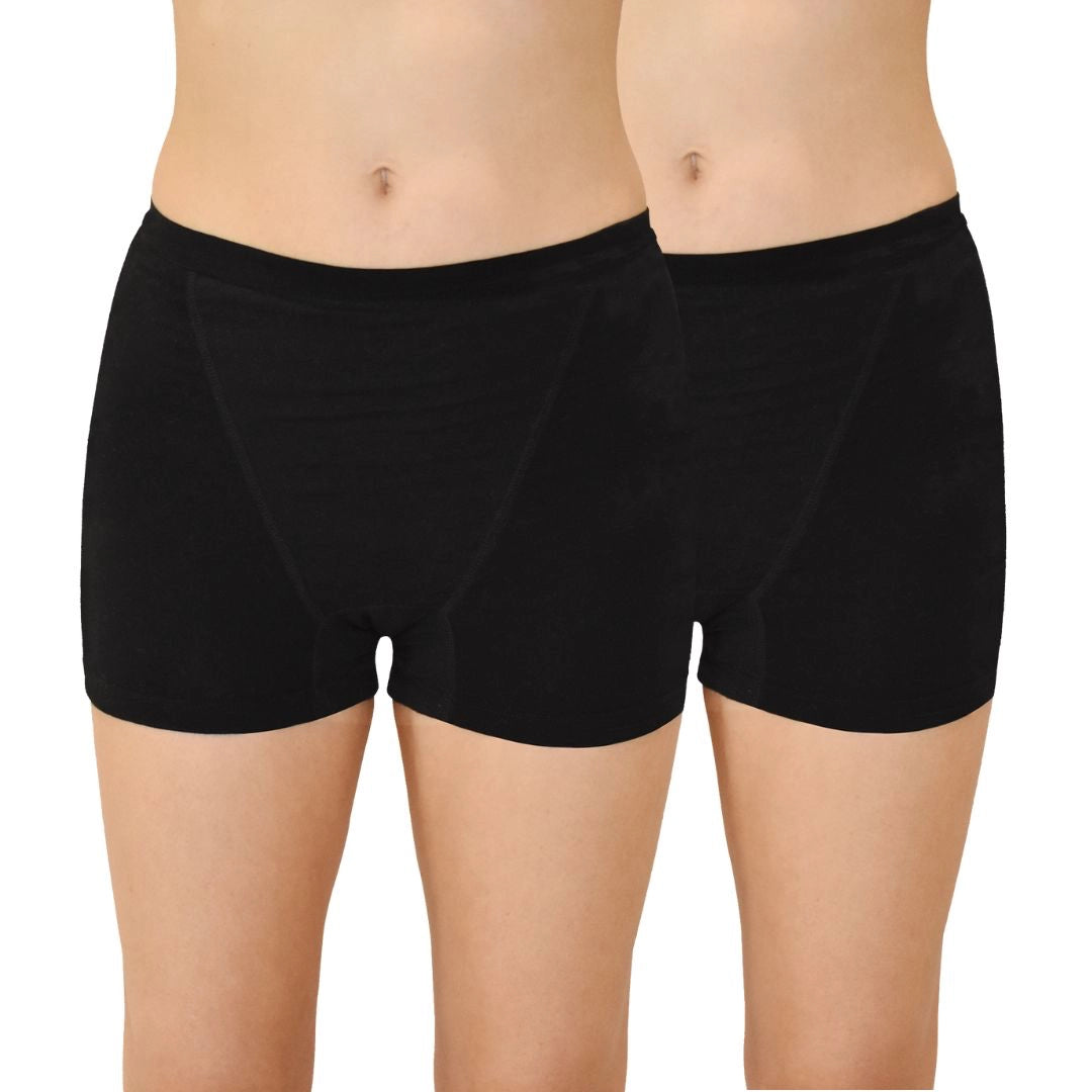 Two pairs of black boxer briefs on a white background