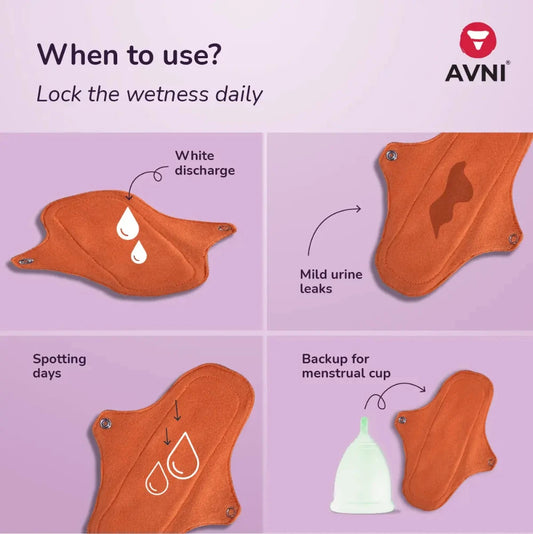 AVNI panty liner product demonstration with usage scenarios on a purple background