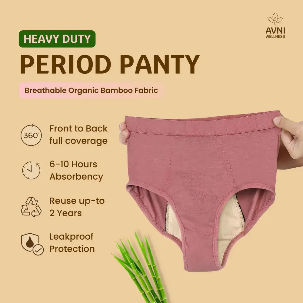 Heavy duty period panty with breathable organic bamboo fabric on a beige background, featuring Avni Wellness brand.