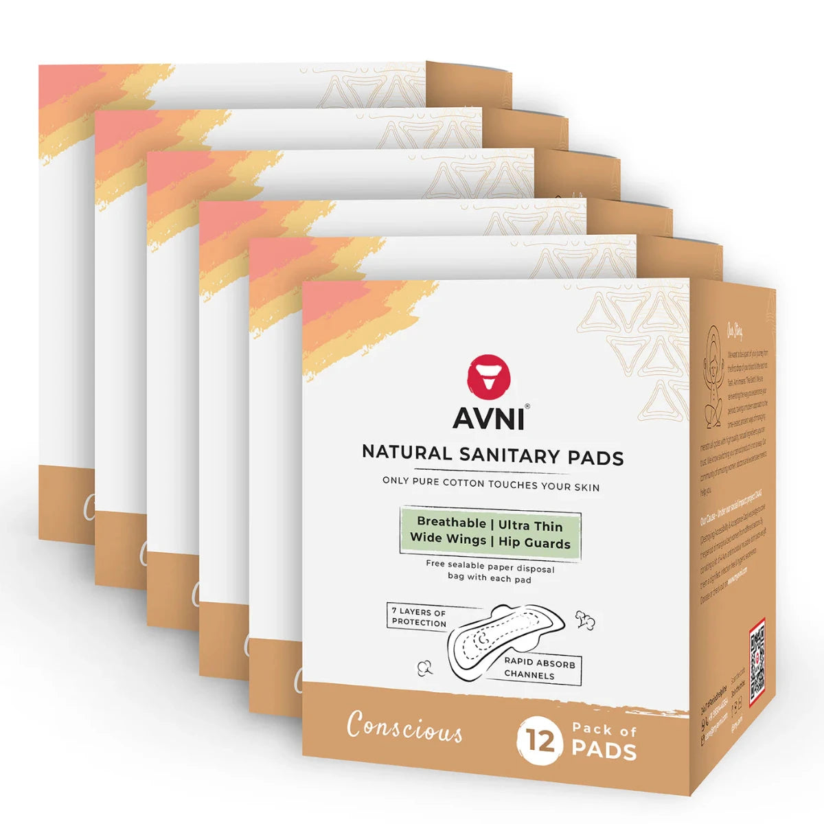 Box of Avni natural sanitary pads with packaging design on a white background