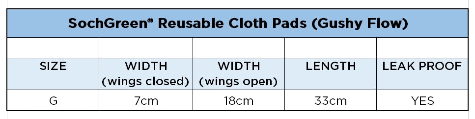SIZE CHART OF REUSABLE CLOTH PADS