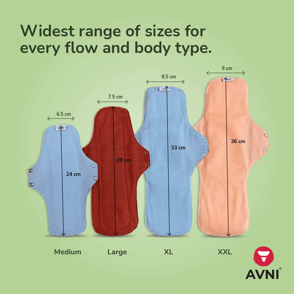 size chart of reusable cloth pads