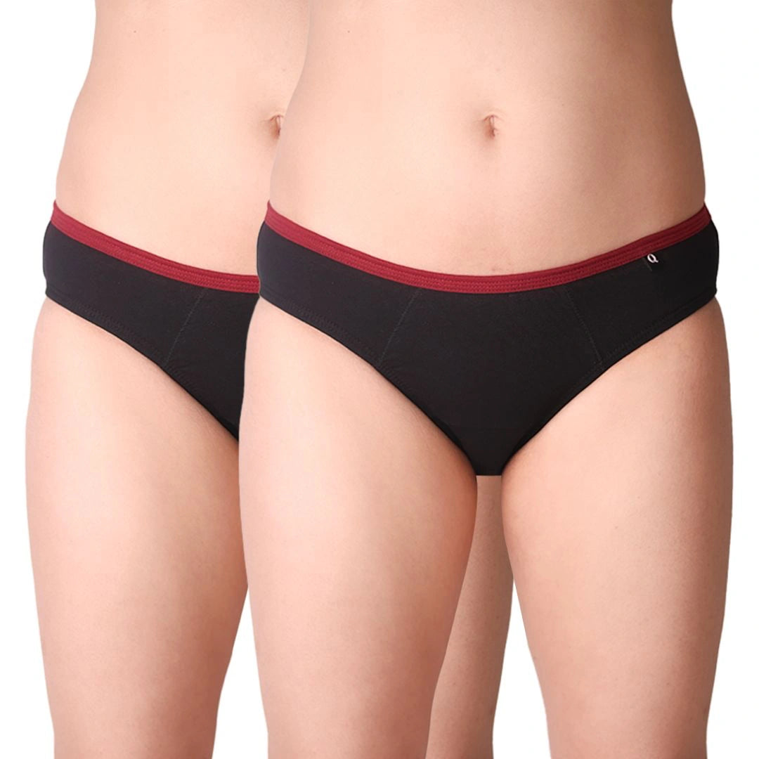 two women wearing Black period underwear with red waistband on a white background