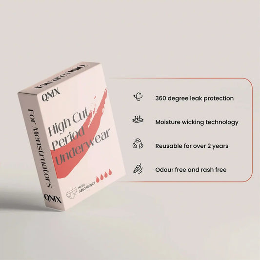 Box of QNIX high cut period underwear with features listed