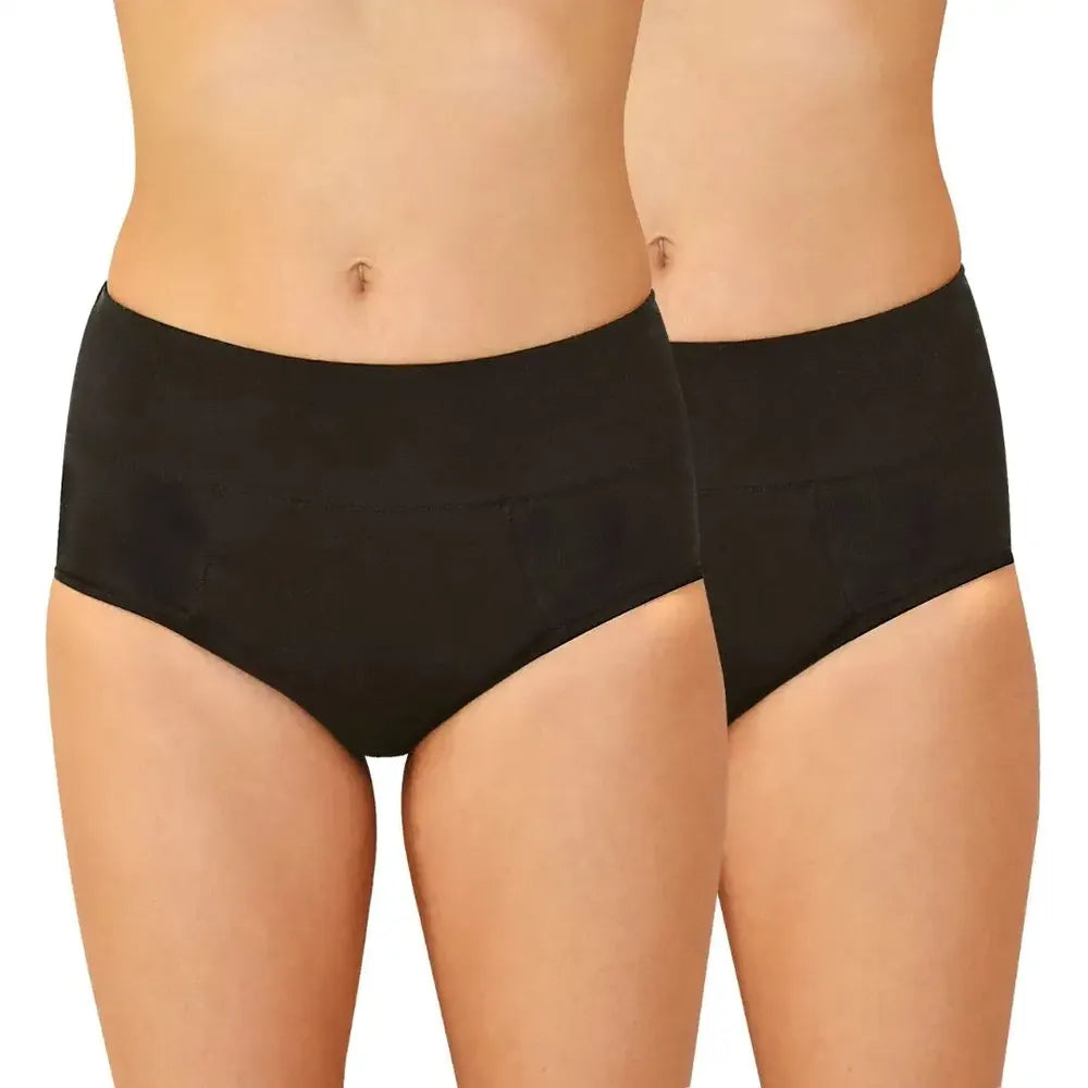 A front view of 2 black high-cut reusable period panty brief designed for heavy flow with super absorbency.