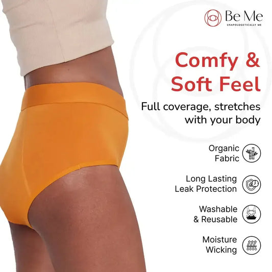Orange period underwear product features on a white background