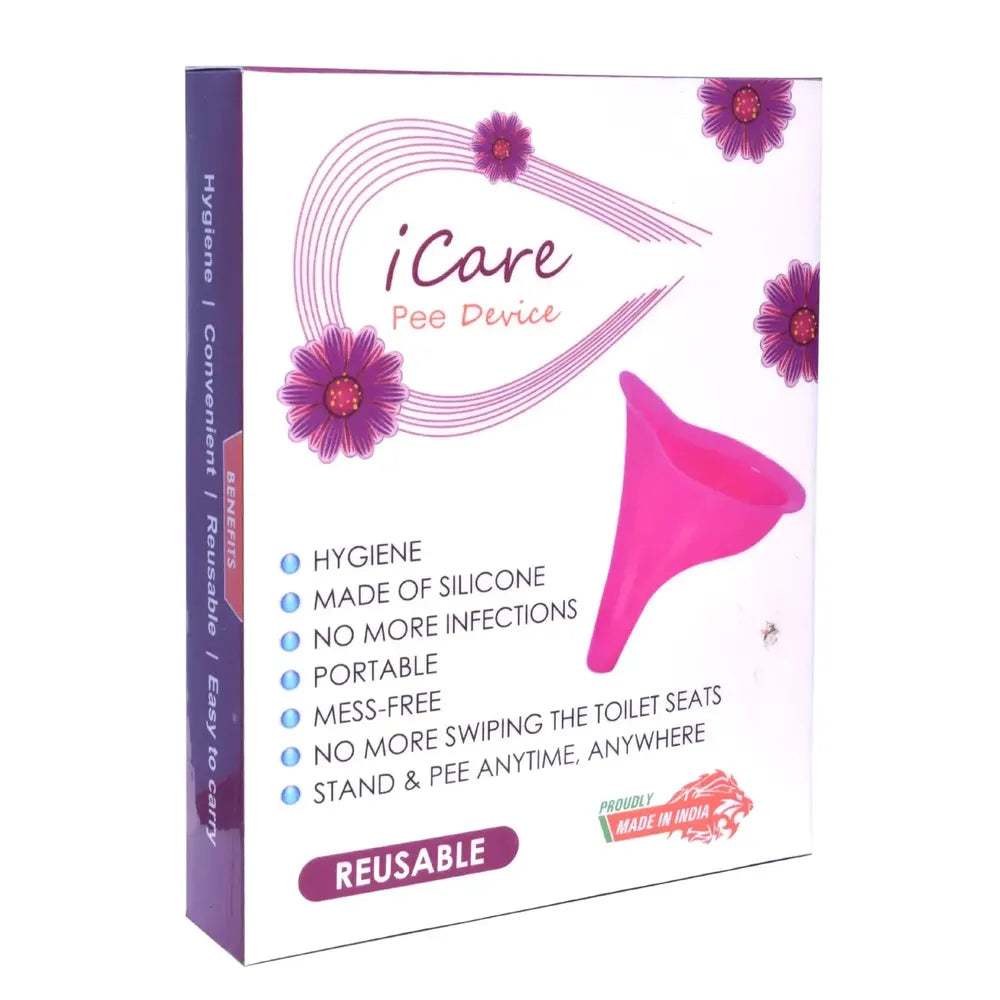 iCare Pee Device packaging with pink device and purple flowers on a white background