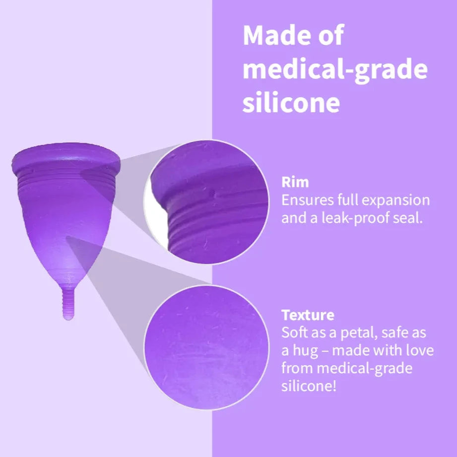 an image showing product features of a purple coloured menstrual cup
