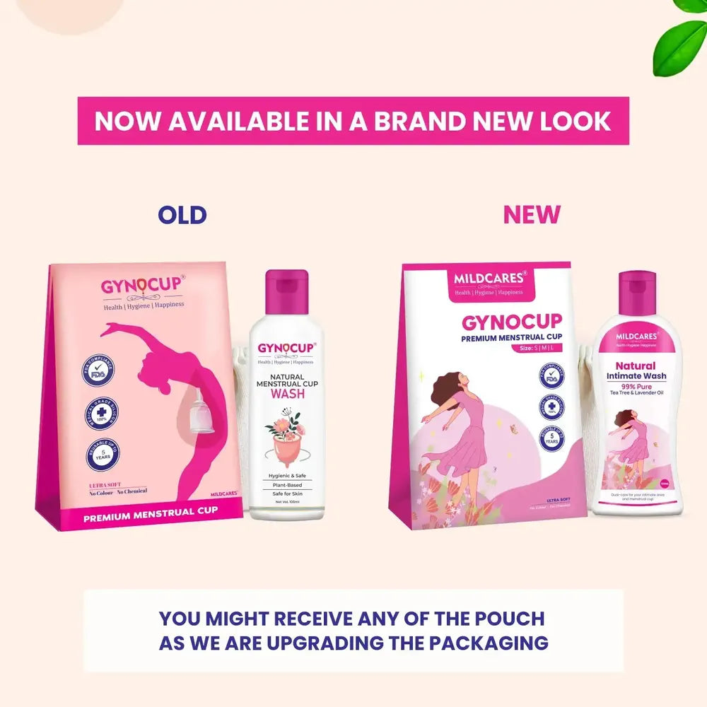 Comparison of old and new packaging designs for GYNOCUP products on a light pink background.