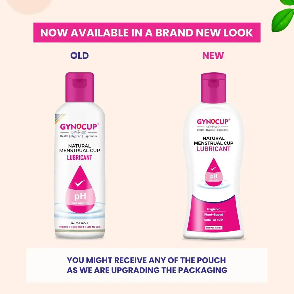 Two bottles of Gynocup Menstrual Cup Lubricant with text about a new packaging look.