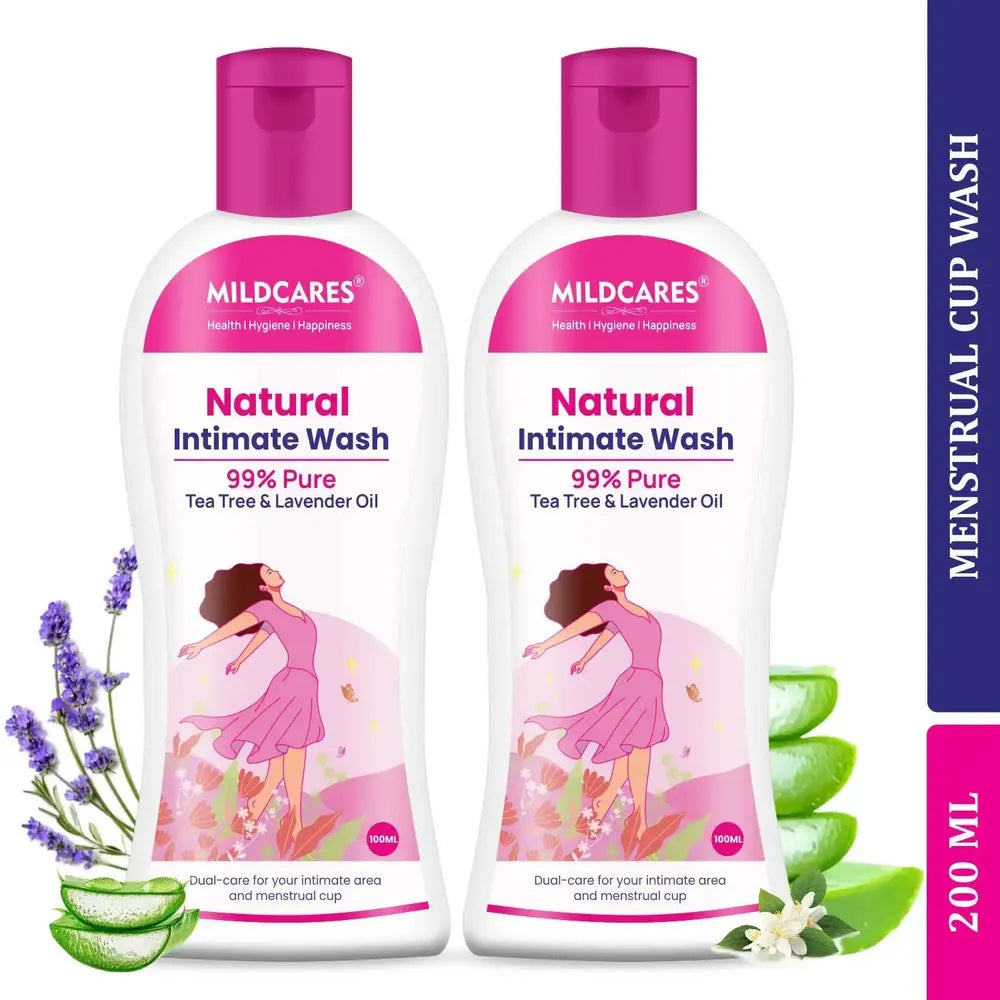 Two bottles of Mildcares Natural Intimate Wash with packaging details on a white background.