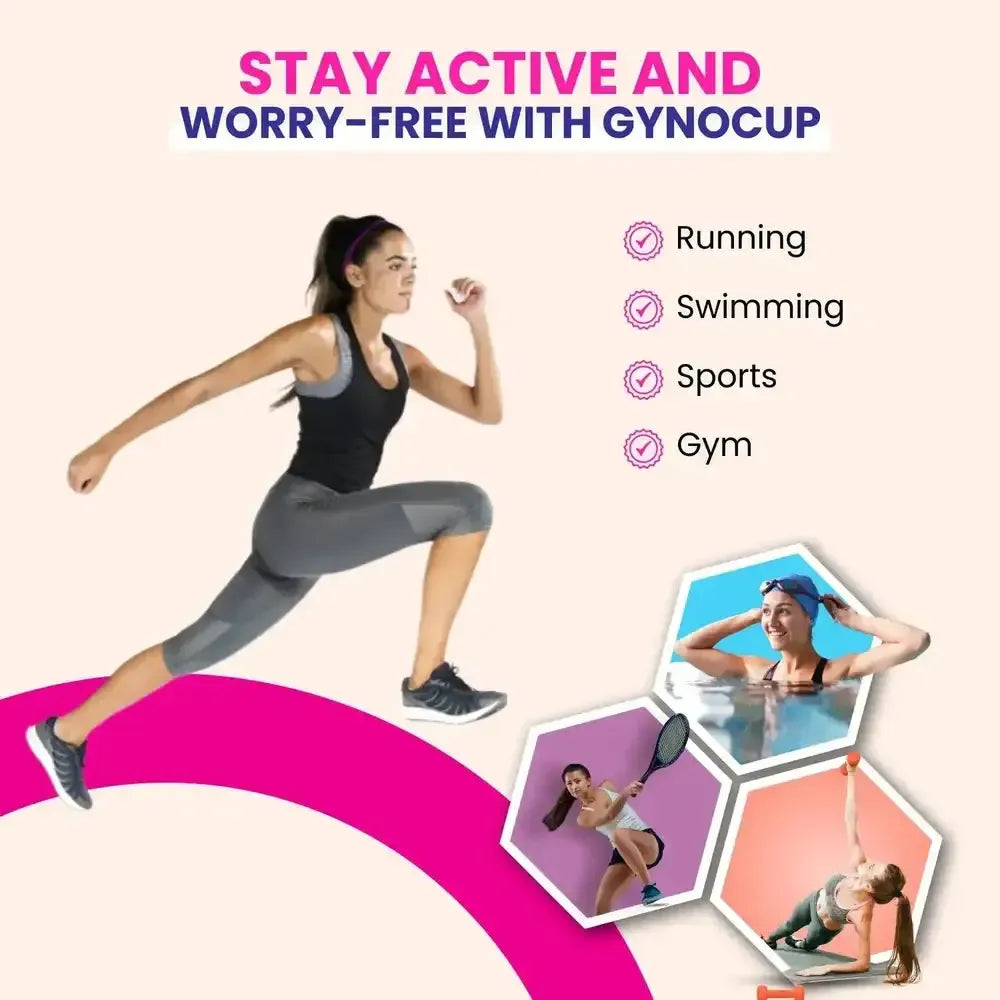 Woman running with Gynocup advertisement showing activities and product use.