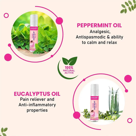 Promotional graphic for peppermint and eucalyptus oil with product images and text on a light pink background.