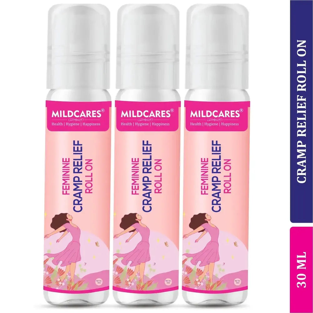 Three bottles of Mildcares Feminine Cramp Relief Roll On on a white background