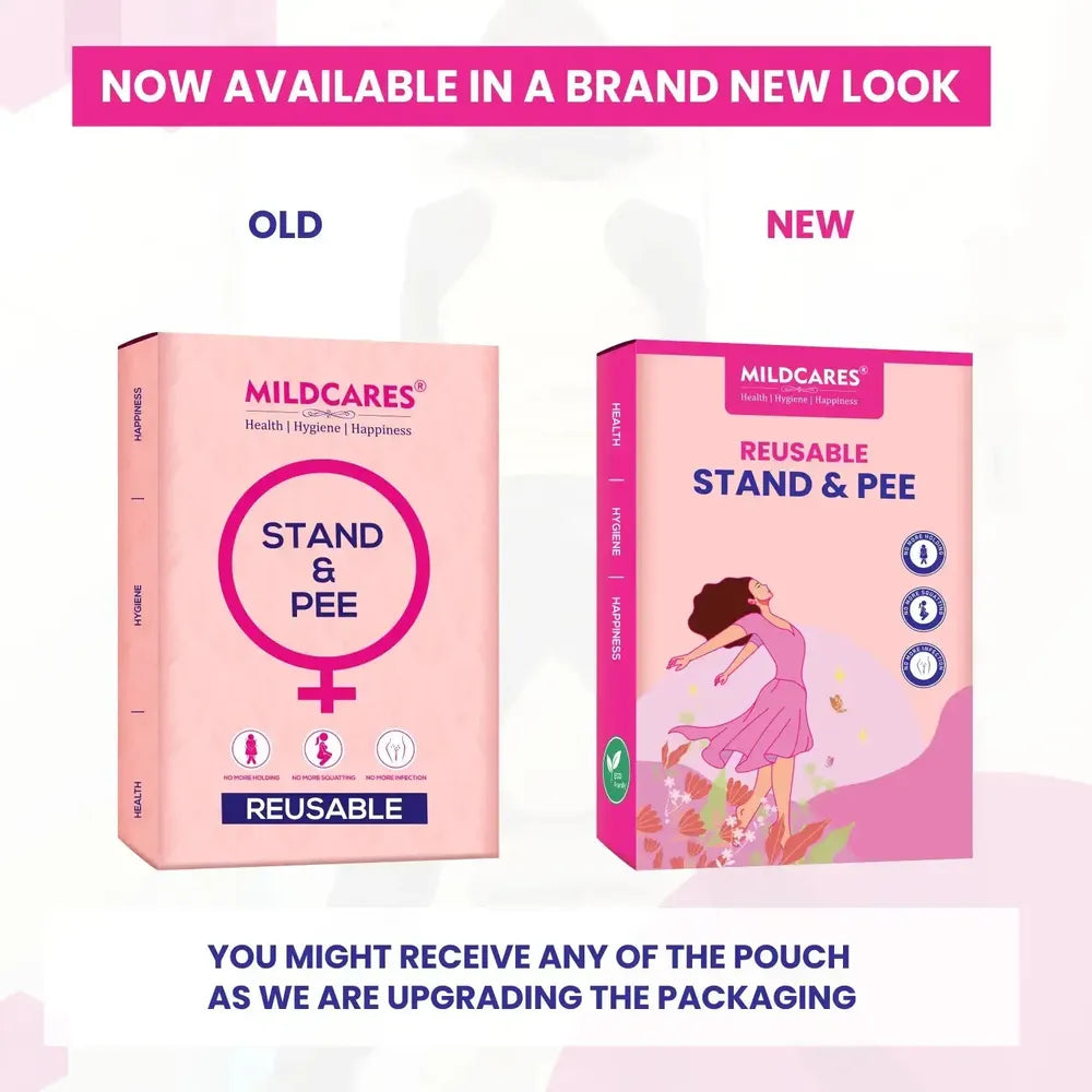 Comparison of old and new packaging designs for Mildcares reusable stand and pee product on a pink background.