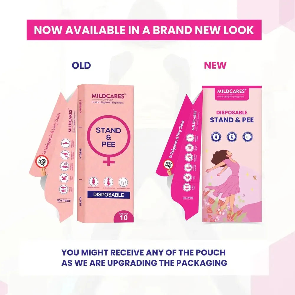 an image of mildcares disposable stand-and-pee funnel showing icons describing features and advantages like avoid UTIs, no mo