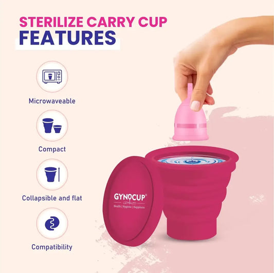 Pink menstrual cup with Sterilizer case and 'GYNOCUP' branding, featuring text on sterilization and features.