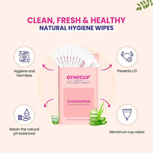 Gynocup Gynowipes packaging with benefits listed on a light pink background