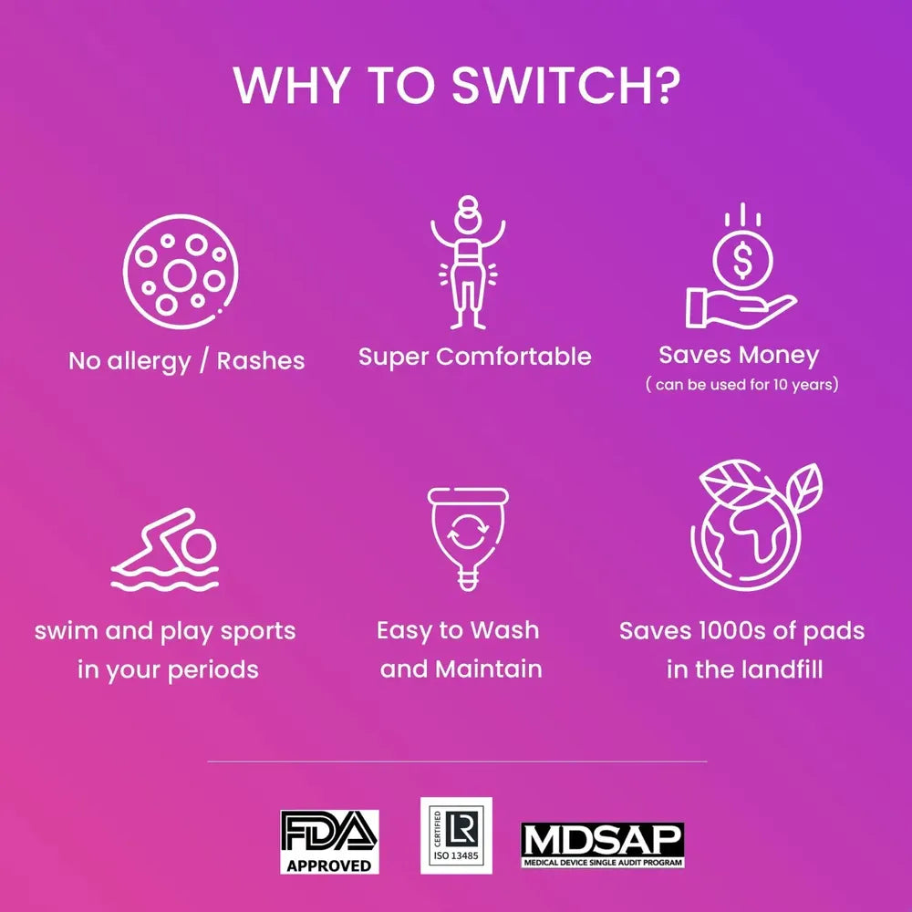 Purple background with white icons and text about reasons to switch to menstrual cups, featuring FDA, ISO, and MDSAP logos.