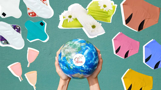 Hands holding a small globe with colorful sanitary products like period underwear, menstrual cups, cloth pads, eco-friendly saniatry pads with Sustainable Stree logo