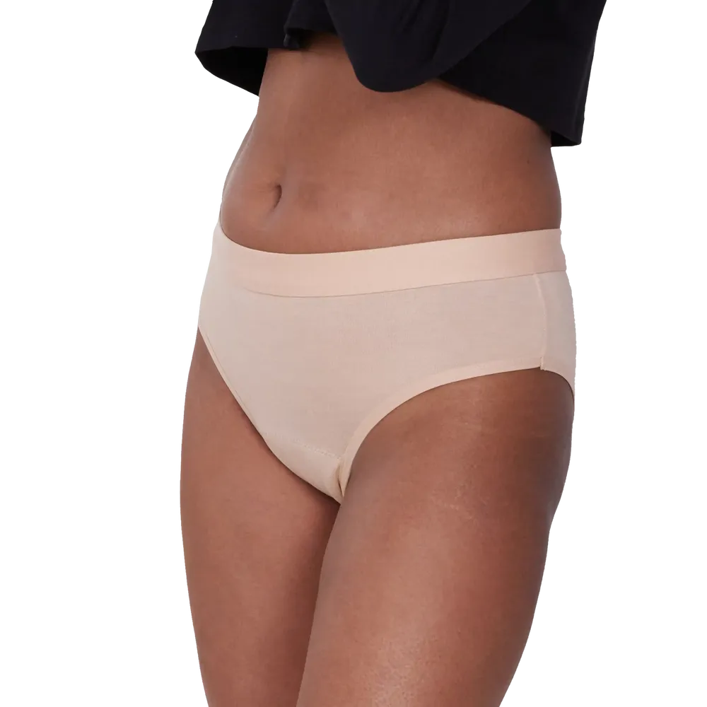 An image showing a woman wearing a nude or skin coloured mid waist period panty