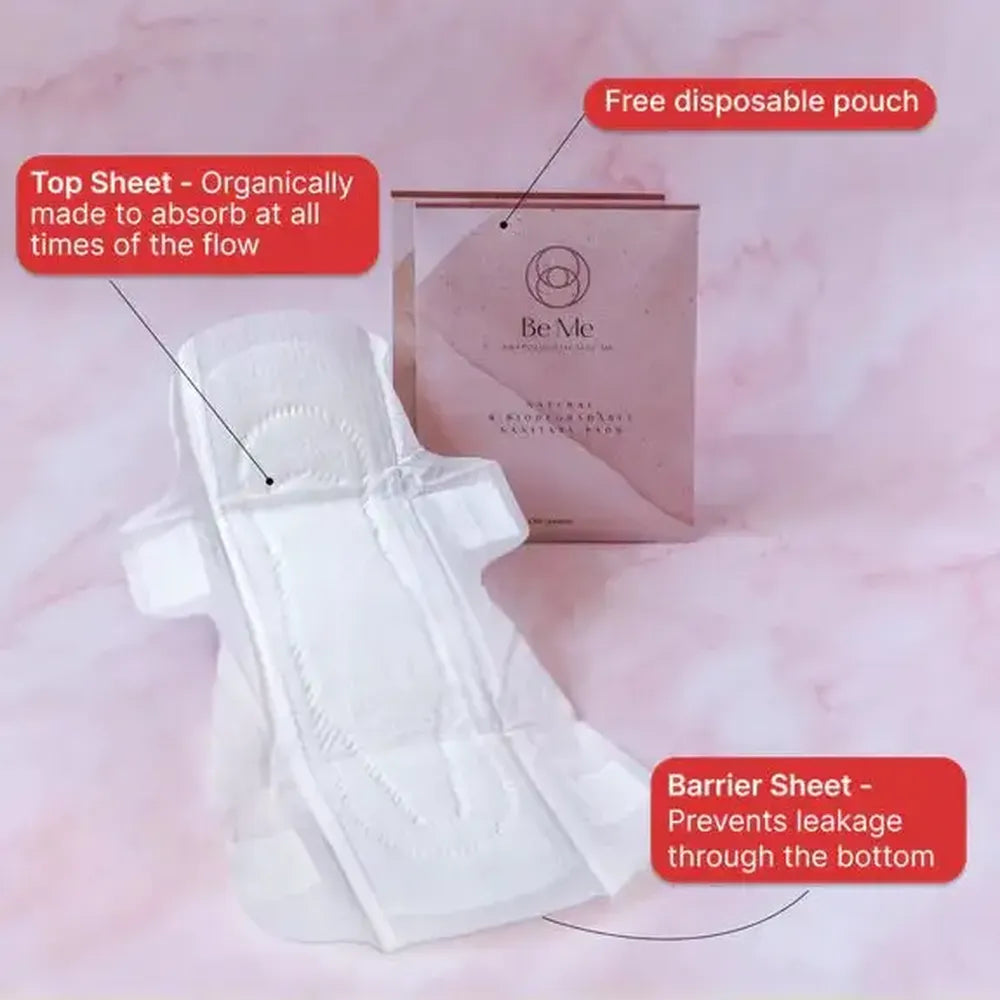 Menstrual pad with packaging labeled 'Be Me' on a pink background