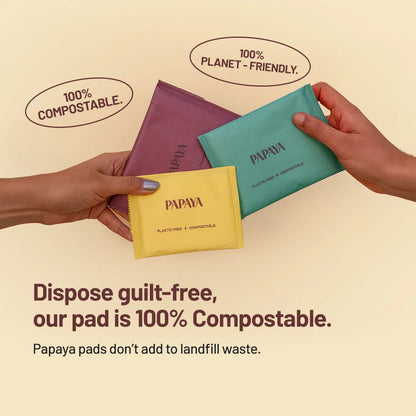 Three Papaya pads in different colors being held by hands with text about compostability on a beige background.