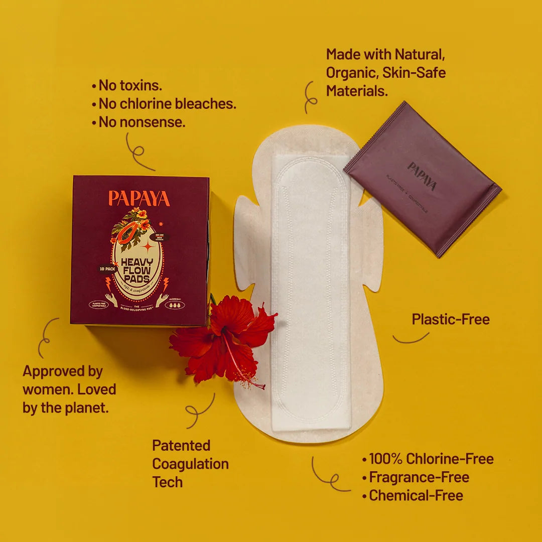 Papaya heavy flow pads packaging with a pad and leaf on a yellow background