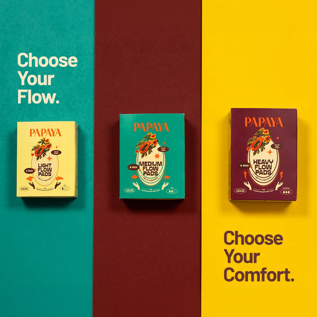 Three Papaya brand pads on a colorful background with text 'Choose Your Flow' and 'Choose Your Comfort'.