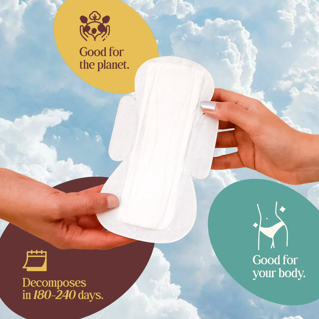 Product packaging held by hands with environmental and health benefits text against a cloudy sky background.