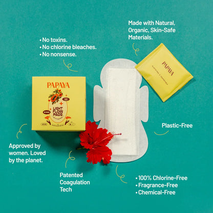 Papaya light flow pads with packaging on a teal background