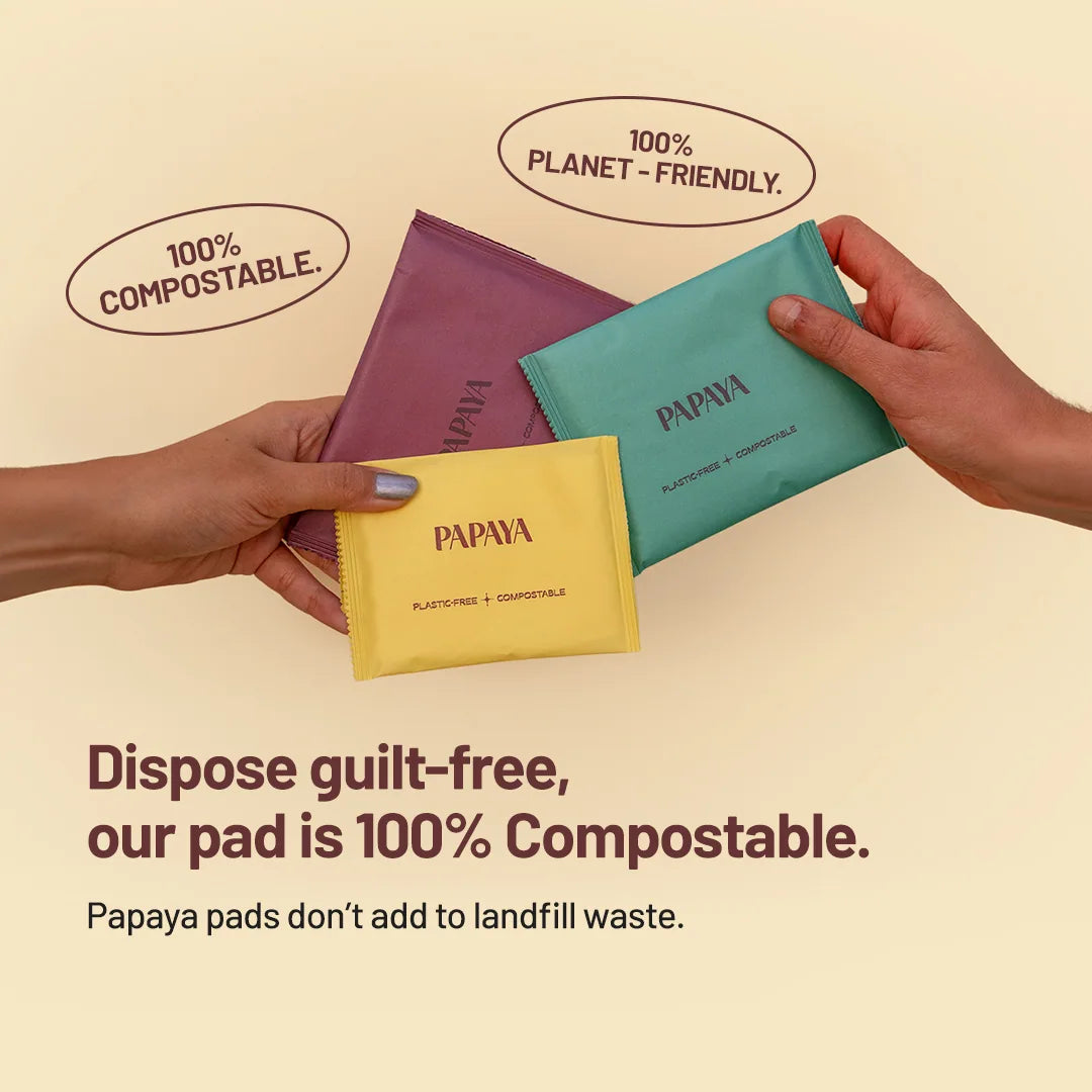 Three Papaya pads in different colors being held by hands with text highlighting compostability and sustainability.