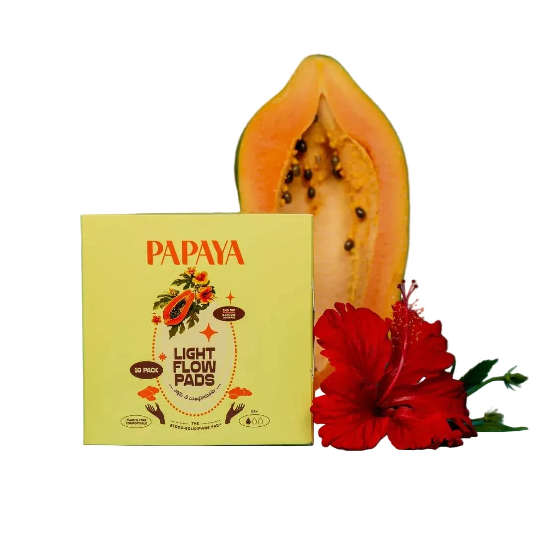 Box of Papaya light flow pads with a halved papaya and red flower on a teal background
