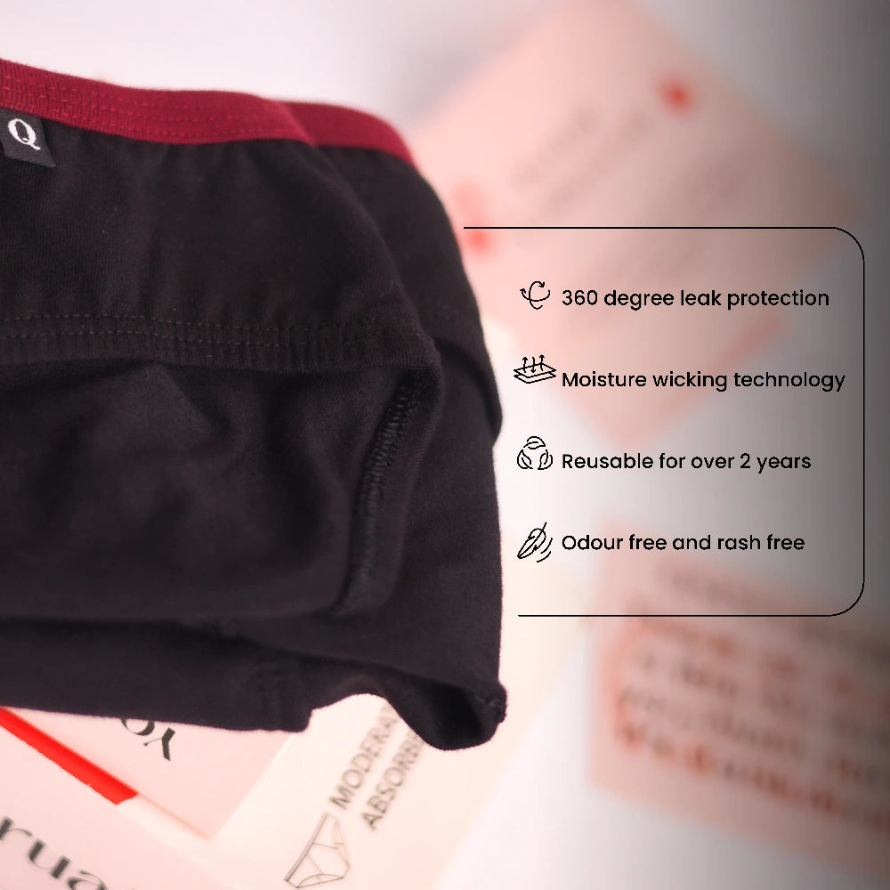 Black underwear with text highlighting features on a blurred background