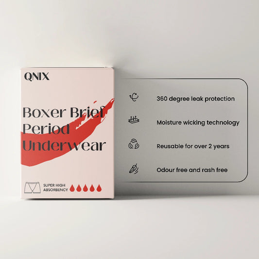 QNIX period underwear packaging with features listed on a white background