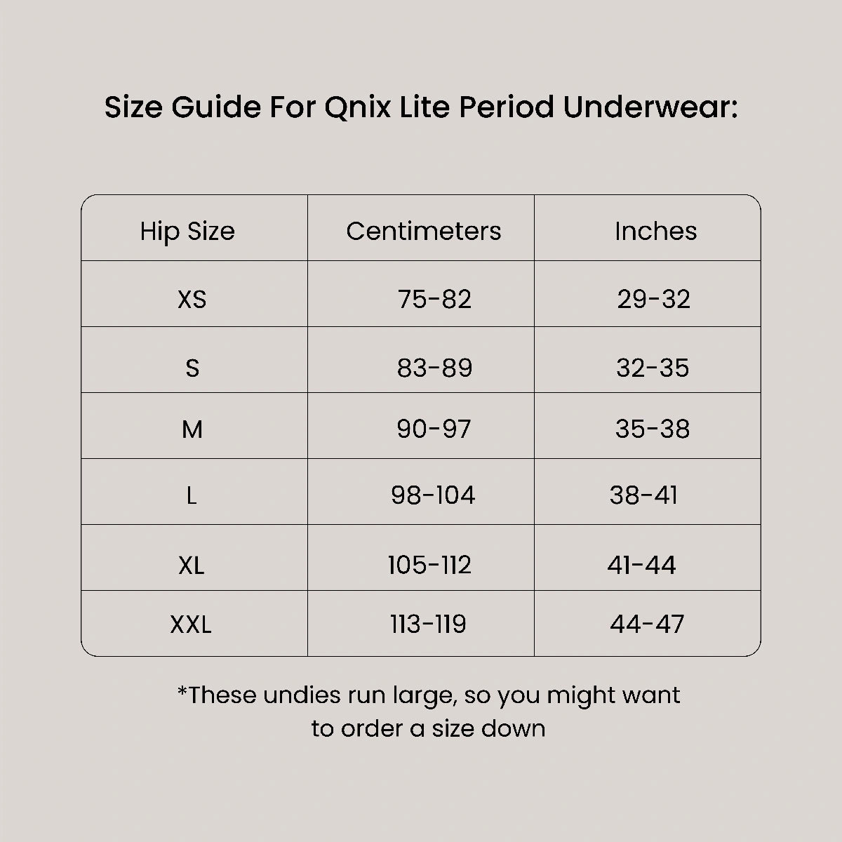 Size guide for Qnix Lite period underwear on a gray background
