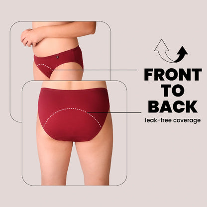 Red underwear with a focus on front to back coverage on a neutral background