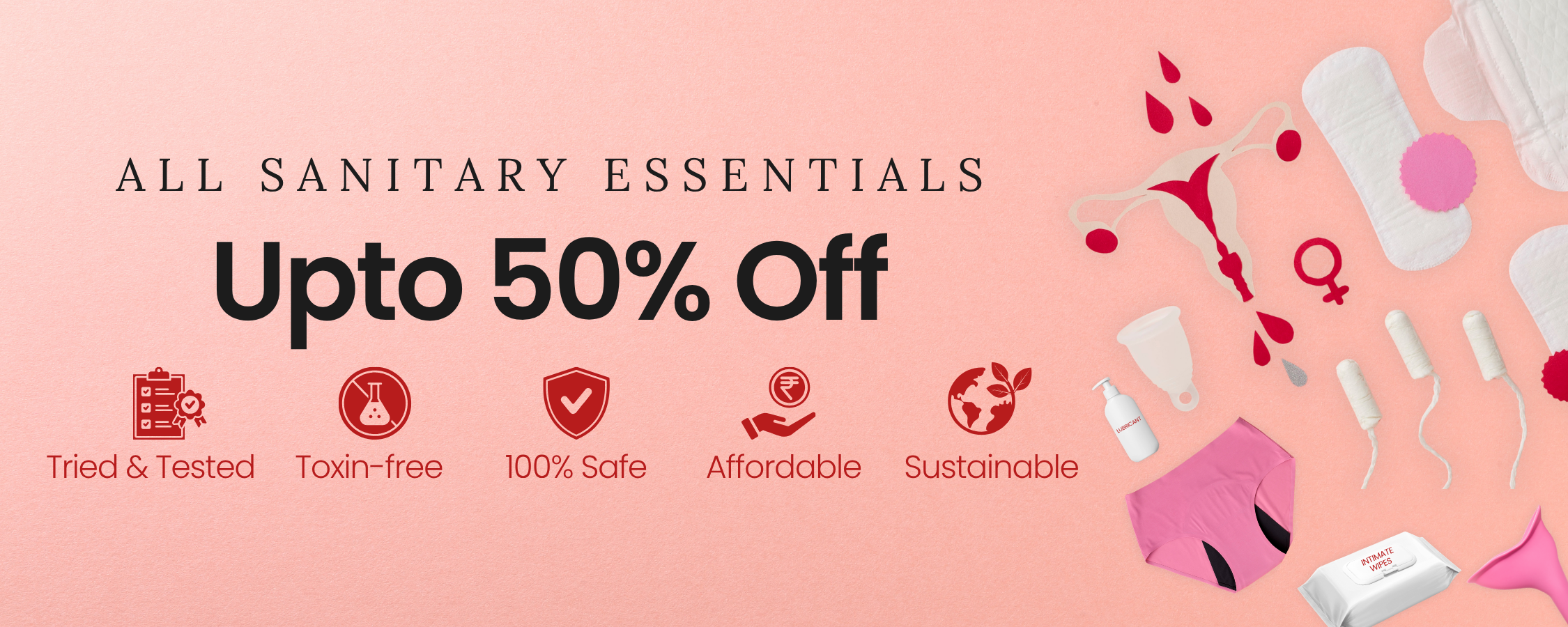 Promotional banner for sanitary products with text and icons on a pink background