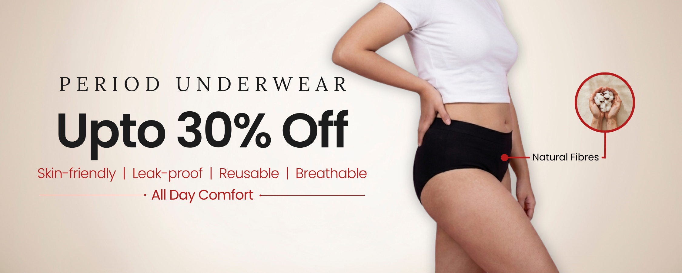 Advertisement for period underwear with text highlighting features and discount offer.