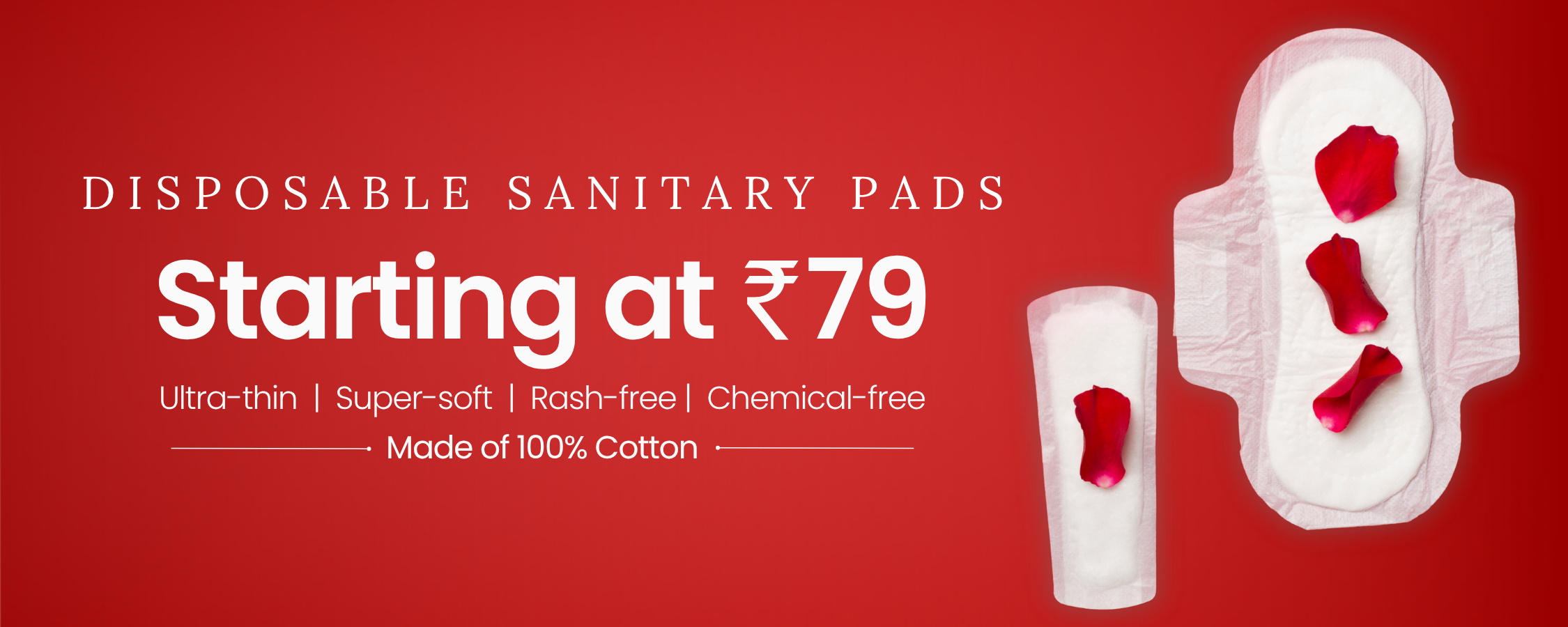 Advertisement for disposable sanitary pads on a red background with text and product images.