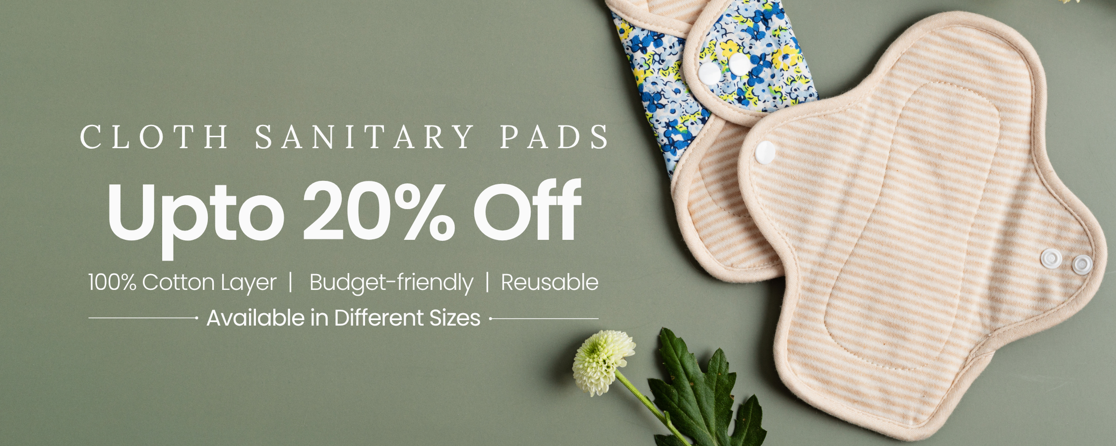 Cloth sanitary pads with promotional text on a green background