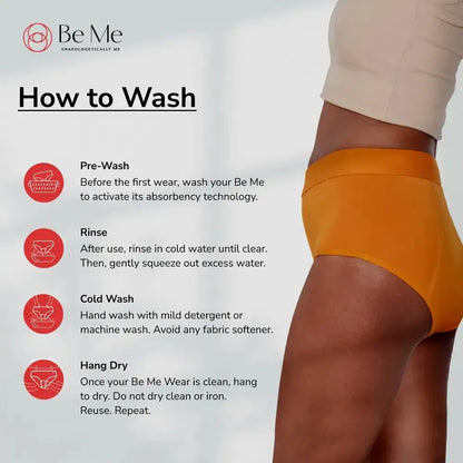 Wash instructions for BeMe period underwear with a person wearing orange underwear.