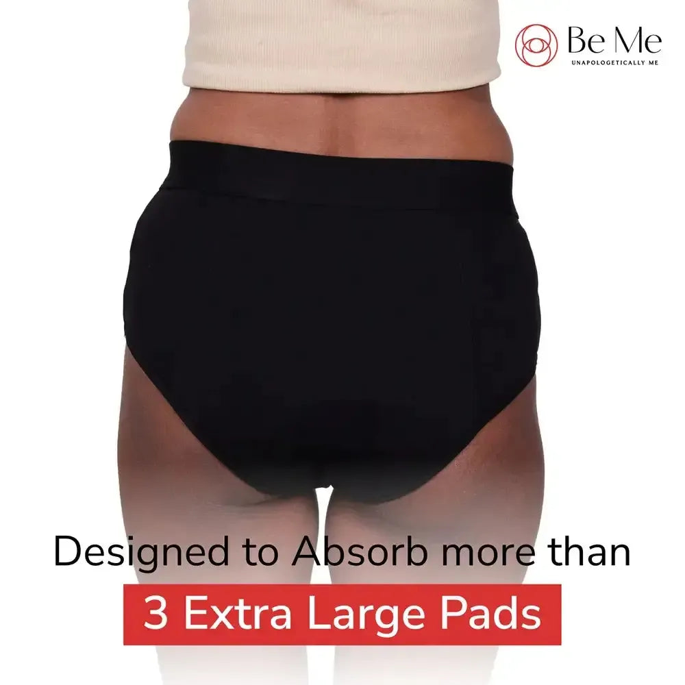 Black underwear with text highlighting absorbency, featuring 'Be Me' brand.