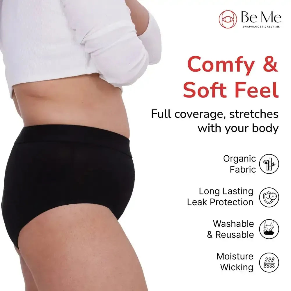 Person wearing black period underwear with 'Be Me' branding and product features listed.