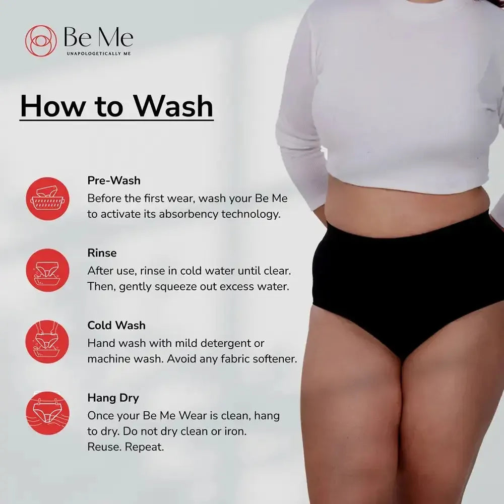 Instructions on how to wash period panty with a person wearing black underwear.