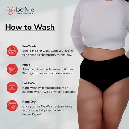 Instructions on how to wash period panty with a person wearing black underwear.