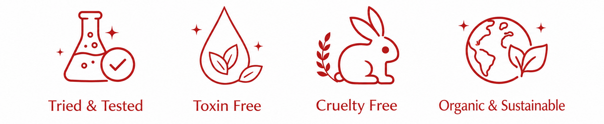 Set of icons representing tried & tested, toxin free, cruelty free, and organic & sustainable products.
