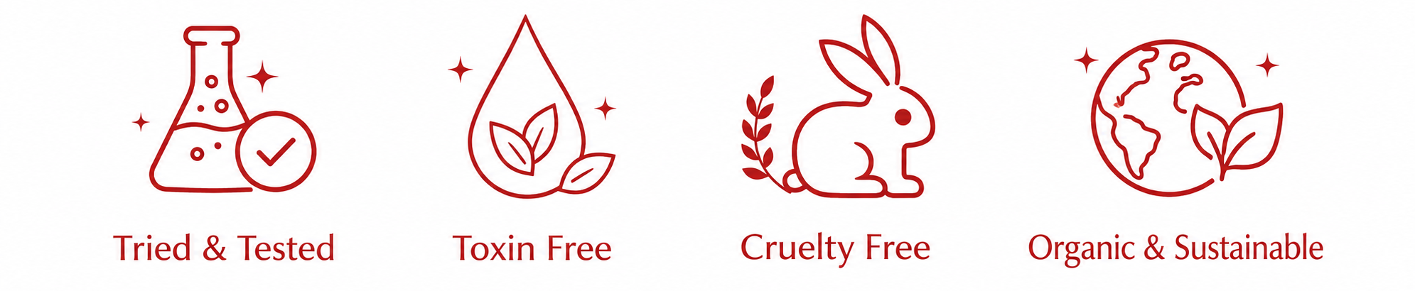 Set of icons representing tried & tested, toxin free, cruelty free, and organic & sustainable products.