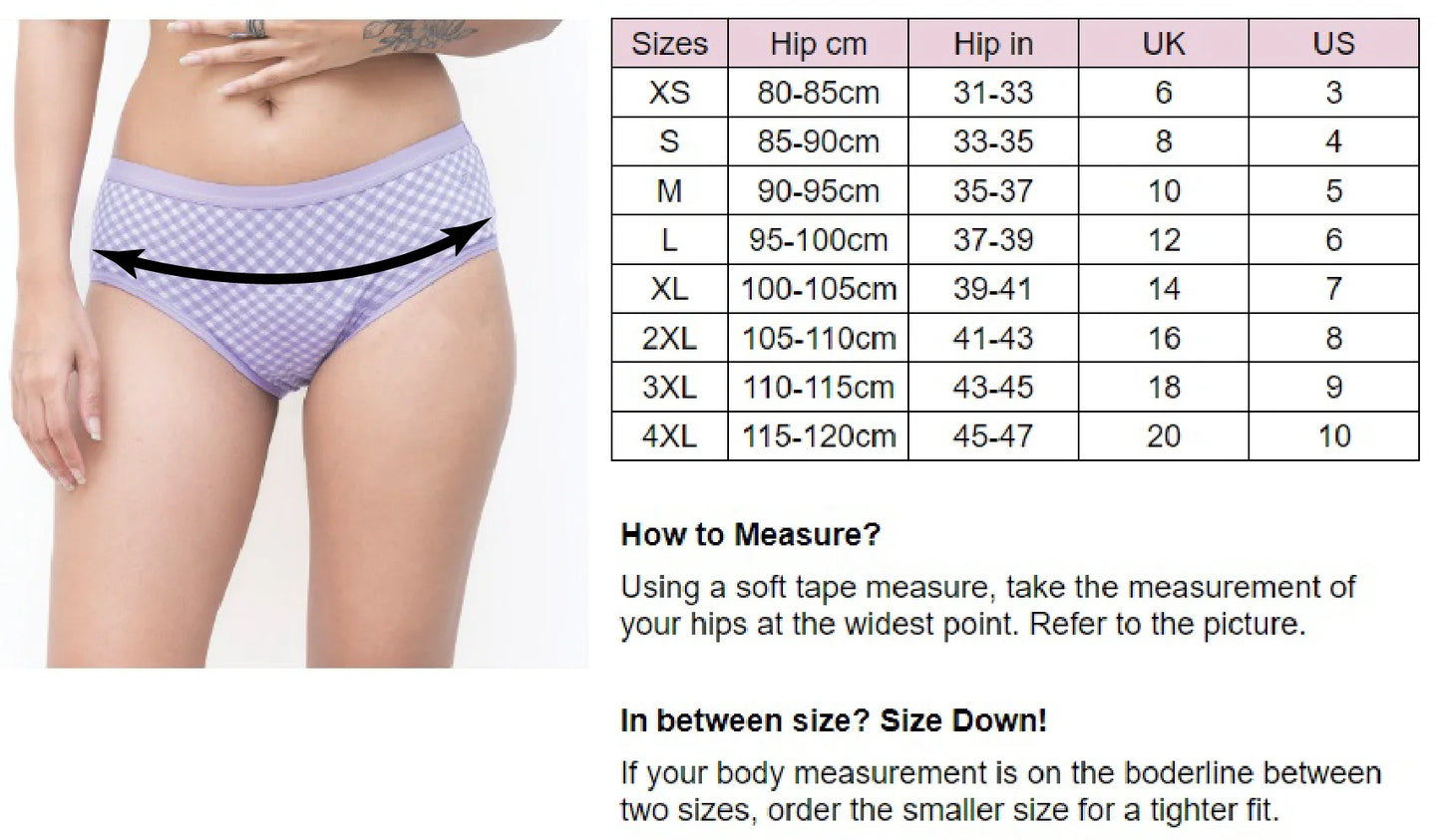 size chart of period panty