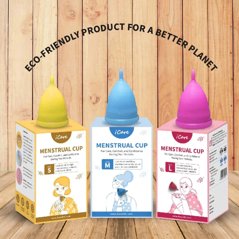 an image showcasing 3 different menstrual cups by icare denoting sizes and colours